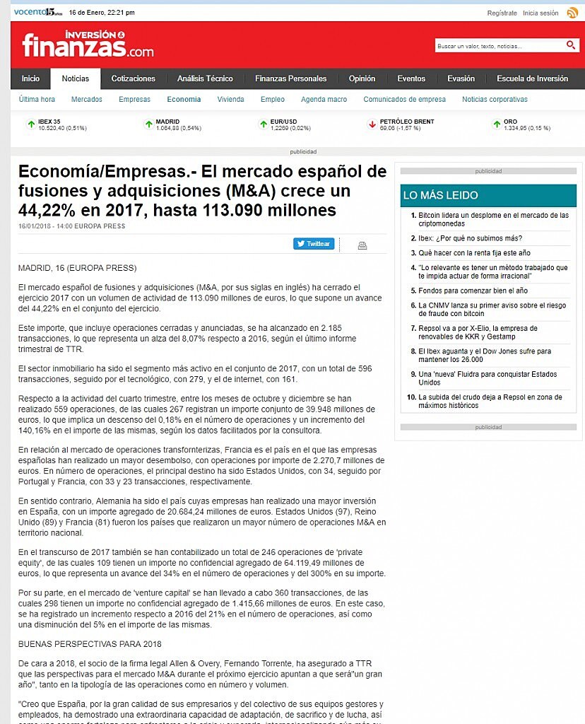 El mercado espaol de fusiones y adquisiciones (M&A) crece un 44,22% en 2017, hasta 113.090 millones